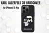 A Karl Lagerfeld branded iPhone 15 Pro phone case with a 3D rubber design of Karl Lagerfeld and his cat. Produktbild-Vorschau