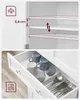 A collage showing details of a white cabinet, including adjustable shelf spacing and a drawer with cups and cutlery. Náhled obrázku produktu