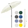 A cream-colored patio umbrella is shown open, with a black pole. To the right, there are eight smaller swatches of different colored umbrella fabric, and a white carrying case for the umbrella. Produktbild-Vorschau