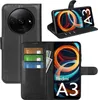 A collage of a black flip case for a Xiaomi Redmi A3 phone, showing the case open and closed, with credit cards and cash inserted. Produktbild-Vorschau