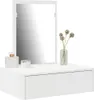 A white vanity table with a mirror, a perfume bottle, a small jar, and dried flowers in a vase. Voir les images du produit