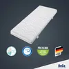 A white mattress is shown diagonally on a dark gray background with several certification logos and text overlays. Produktbild-Vorschau
