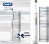 A product shot of an Oral-B electric toothbrush and its packaging, along with a travel case. Produktbild-Vorschau