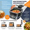 A collage-style marketing image for a multi-functional kitchen appliance, showcasing its features and different cooking modes with accompanying food imagery. Produktbild-Vorschau