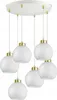 A white pendant light fixture with six glass globe shades and gold accents, suspended from a white circular ceiling plate. Produktbild-Vorschau
