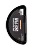A black half-moon shaped drip pan with text and logos on it, placed on a white background. Produktbild-Vorschau
