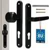 A set of black door handles and related hardware, including screws and a label, displayed against a light gray and white background. Produktbild-Vorschau