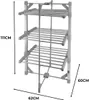 A three-tiered electric heated clothes drying rack is shown against a white background with dimensions indicated. Voir les images du produit