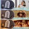 A collage showing a makeup mirror with different lighting settings and people using makeup in various settings. Produktbild-Vorschau