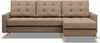 A brown sectional sofa with a chaise lounge is shown from the front against a white background. Produktbild-Vorschau