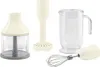 A collection of accessories for a hand blender, including a chopper attachment, a whisk attachment, and a measuring jug, laid out on a white background. Anteprima dell’immagine prodotto