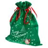 A green Christmas gift bag with red ribbon ties and white festive graphics. Produktbild-Vorschau