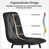A close-up of a black upholstered chair, highlighting its ergonomic design with labels pointing to different support areas. Podgląd zdjęcia produktu