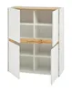 A white and wood-colored cabinet with its doors open, showing multiple shelves. Produktbild-Vorschau