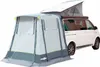A white camper van with a pop-up roof and an attached gray and light blue awning tent. Produktbild-Vorschau