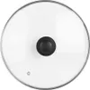A top-down view of a glass pot lid with a black handle and a silver rim. Produktbild-Vorschau