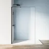 A modern walk-in shower with a black frame and shower fixtures, set against a light blue wall and white shower base. Produktbild-Vorschau