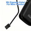 A close-up of a black power bank with an integrated USB-C cable, with German text overlay. Produktbild-Vorschau