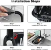A collage of four images showing the installation steps for a telescopic sink shelf with a towel hook. Produktbild-Vorschau