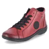 A red leather boot with black laces and sole, shown from a side-angle on a white background. Produktbild-Vorschau