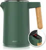 A green electric kettle with a wood-effect handle is shown against a white background. A close-up inset shows the digital display and controls. Podgląd zdjęcia produktu