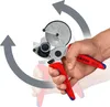 A hand holding a pipe cutter, with arrows indicating rotation. Produktbild-Vorschau