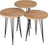 Three nesting tables with round wooden tops and black metal hairpin legs, displayed on a white background. Podgląd zdjęcia produktu