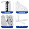 A collage of four close-up images showcasing different features of a white fan. Podgląd zdjęcia produktu