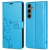 A blue flip case for a Samsung Galaxy S24+ phone is shown from the front and back. Produktbild-Vorschau