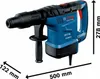 A blue Bosch rotary hammer drill is shown from a side-diagonal angle against a white background. Dimensions are indicated with lines and text. Produktbild-Vorschau