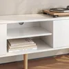 A close-up view of a white TV stand with two shelves and two cabinet doors. Books are stacked on the lower shelf, and a record player is on the top surface. Voir les images du produit