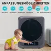 A baby is crawling towards a dryer with various features highlighted by text overlays. Produktbild-Vorschau