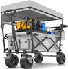 A gray foldable wagon with a canopy, loaded with various items like bags, a cooler, and a water bottle. Produktbild-Vorschau