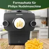A Philips pasta maker with a close-up of pasta being extruded and a pile of finished pasta. Produktbild-Vorschau