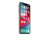 A side view of an iPhone Xs Max with a brown leather case, displaying the home screen with various app icons. Produktbild-Vorschau
