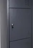 A close-up view of a dark gray metal locker with a key in the lock. Produktbild-Vorschau