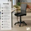 A black office chair is shown in a modern office setting with a desk and chairs in the background. A panel on the left lists the features of the chair. Produktbild-Vorschau