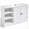 A white bathroom vanity cabinet with open shelves on the left and two doors on the right, designed to fit around a sink.