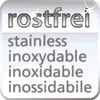 A graphic displaying the word 'rostfrei' (German for stainless) and its translations in other languages. Podgląd zdjęcia produktu