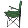 A green folding camping chair with a cup holder is shown against a white background. Voir les images du produit