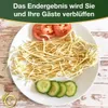 A plate of pasta with tomato and cucumber slices, with text overlay. Produktbild-Vorschau