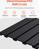 A close-up view of black interlocking PVC panels, with marketing text and icons above. Náhled obrázku produktu