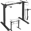 A black adjustable desk frame shown against a white background. The frame is depicted in both its raised and lowered positions, with ghosted images indicating the different heights. Náhled obrázku produktu