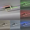A collage of images showing a modern LED ceiling light with different color lighting options. Produktbild-Vorschau