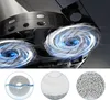 Close-up of a robotic vacuum cleaner's rotating mop heads with animated water/air effects, and three circular insets showing different mop pad textures and one in water. Anteprima dell’immagine prodotto