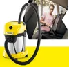 A Kärcher wet/dry vacuum cleaner is shown on the left, and a woman is vacuuming the interior of a car on the right. Náhled obrázku produktu