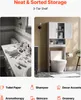 A split image showing a cluttered bathroom counter on the left and a neat bathroom storage unit over a toilet on the right, with icons and text below. Náhled obrázku produktu