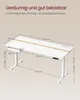 A diagram of a white standing desk with dimensions and text describing its features. Produktbild-Vorschau
