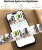 A smartphone displaying a security camera app interface, with multiple smaller images of camera footage arranged in a strip below. Produktbild-Vorschau