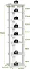 A white, multi-tiered shelf unit with weight indicators on each shelf, shown against a white background with dimensions overlaid. Produktbild-Vorschau